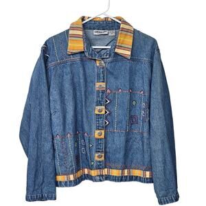 Vintage Ultimate Long Sleeve Embroidered Denim Jackets Blue Orange Womens Size M